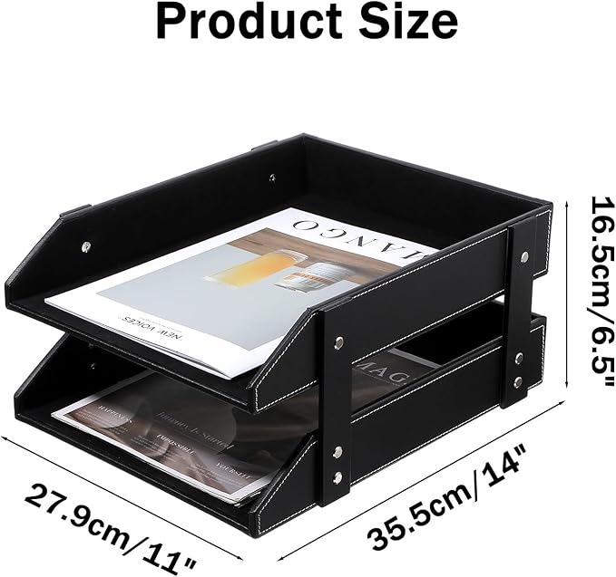 2-Tier Stackable Leather Desk Organizer, Letter Tray Holder for File, A4 Paper, Magazine & Stationery, Desktop Storage Box for Office & Home (Black)