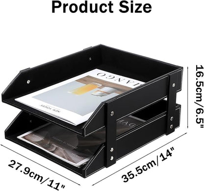 2-Tier Stackable Leather Desk Organizer, Letter Tray Holder for File, A4 Paper, Magazine & Stationery, Desktop Storage Box for Office & Home (Black)
