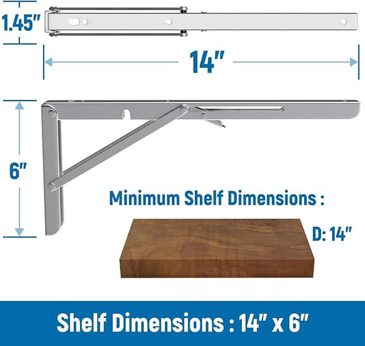 LEOPO 14 inch Folding Shelf Brackets-2 Pack Foldable Heavy Duty Triangle Collapsible Wall Mounted Brackets for Fold Down Table, Space Saving for Bench Table with Screws, Stainless Steel
