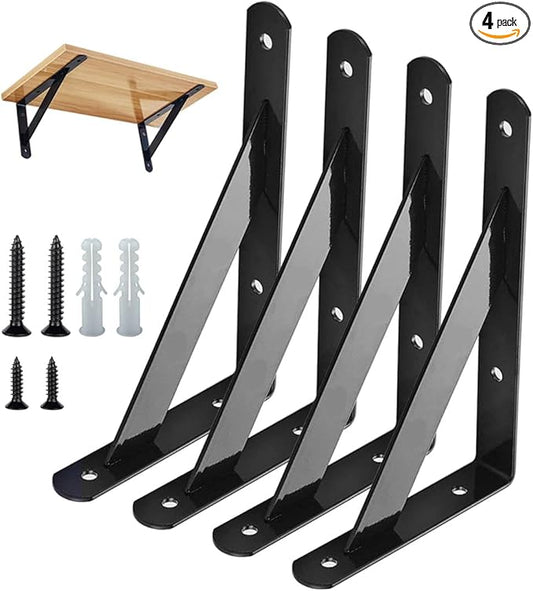 Shelf Brackets 4 Pcs Heavy Duty Triangle Shelf Brackets 6 in X 4 in Metal Shelf Support Angle Brackets Black Wall Shelf Brackets with Screws for Shelves Support DIY