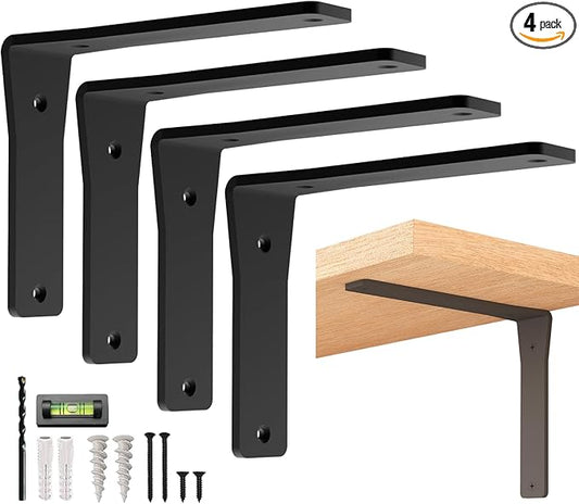 4 Pack Heavy Duty Shelf Brackets 6 Inch by Balin Designs – Decorative L Bracket for Shelves, Metal Shelf Support Bracket, Wall Mounted Countertop Iron Corbels, Floating Black Shelving Brackets