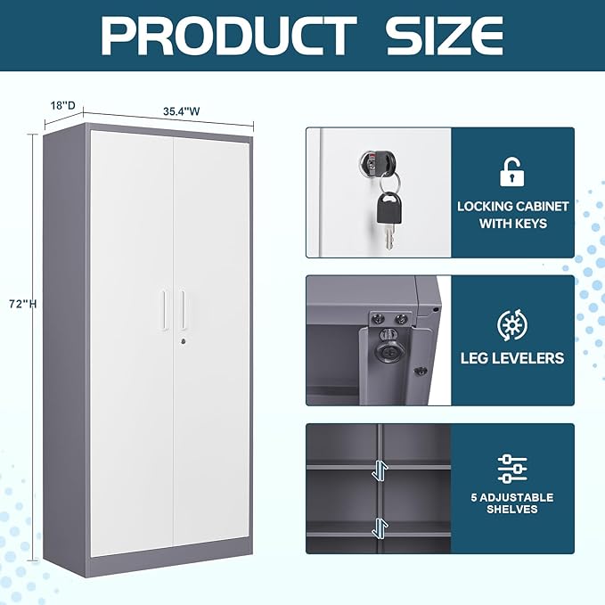 MIIIKO Storage Cabinet with Locking Doors, 72" Tall Metal Cabinet with 5 Adjustable Shelves, 36" Wide Steel Cabinets for Home Office, Garage, Pantry, Workshop…