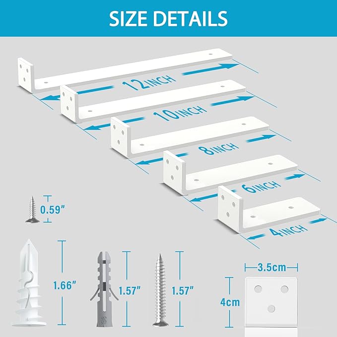 Goovilla Heavy Duty Floating Shelf Brackets 12 Inch for 2×4” Wood Stud, 4 Pack L Brackets for Shelves or Shelving, White Coated Metal Shelf Hardware with 160 lb. Load Capacity and Easy Installation