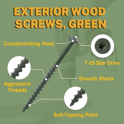LIONMAX Deck Screws 5 Inch, Wood Screws #10 x 5, 300 PCS, Rust Resistant, Exterior Epoxy Coated, Outdoor Decking Screws, Torx/Star Drive Head Screw, T25 Star Bit Included, Green