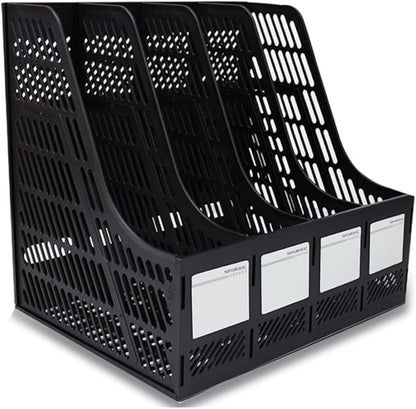SAYEEC Desktop Magazine Holder Desk File Organizer 4 Compartments Vertical File Dividers Book Holder Frames Document Cabinet Rack Storage Organizer Box for Home Office School Black