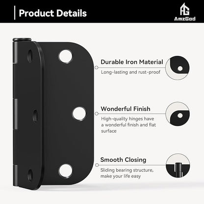 Door Hinges Matte Black - 108 Pack Black Door Hinges 3.5 Inch Rounded Interior Door Hinge with 5/8" Radius Corners - Black Hinges for Doors 3 1/2 Inches Flat Iron Residential Door Hardware