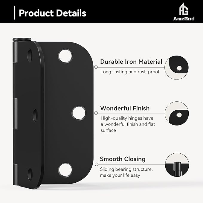 Door Hinges Matte Black - 24 Pack Black Door Hinges 3.5 Inch Rounded Interior Door Hinge with 5/8" Radius Corners - Black Hinges for Doors 3 1/2 Inches Flat Iron Residential Door Hardware