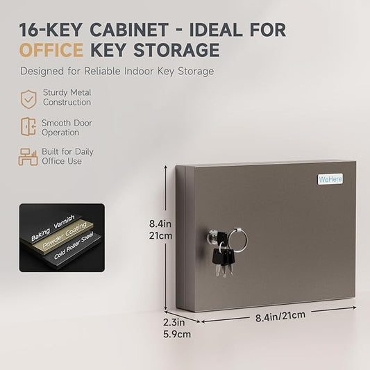 16 Key Lock Box – Wall Mounted Key Cabinet with Magnetic Door & Key Tags, Steel Lockable Key Organizer for Home, Garage & Small Office