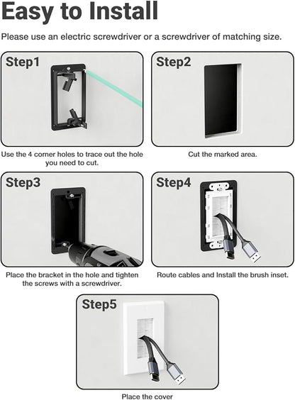 Brush Wall Plate with Mounting Bracket, 4 Pack Cable Pass Through Decorator Cover for Low Voltage Wires, Single Gang Cord Hider for TV Home Theater System