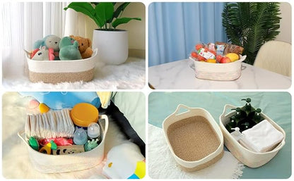 ABenkle Small Storage Basket with Handles, Cotton Rope Woven Dog Cat Toy Bin, Decorative Shelves Closet Organizing for Nursery Laundry Bedroom Bathroom, 14.2''x 11''x 5.1''