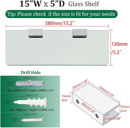 SAYAYO Floating Glass Shelves for Bathroom, Tempered Glass Shelf for Wall 15 x 5 Inch 1 Pcs, Clear