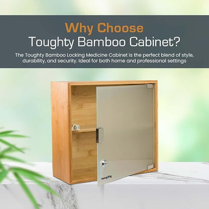 Toughty Bamboo Locking Medicine Cabinet - Wall Mount Lockable Medical Storage Box w/Key Lock - Secure Durable Organizer for Medication, First Aid & Supplies - for Bathroom or Home - 12x13x5 Inches
