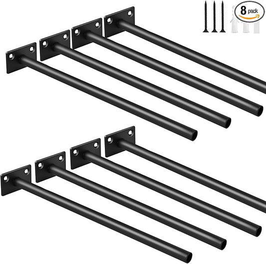 8 Pcs 12" Black Steel Floating Shelf Bracket Blind Shelf Supports - Hidden Brackets for Floating Wood Shelves - Concealed Blind Shelf Support – Screws and Wall Plugs Included