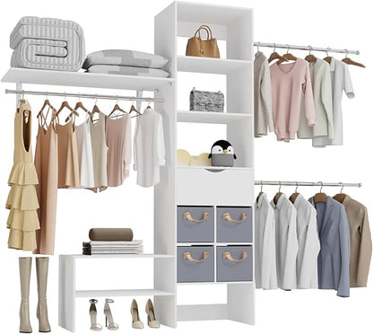 8ft Closet System with Drawers, 99 Inches Walk in Closet Organizer System with 3 Hanging Rods, Adjustable Built in Closets Systems, Sturdy Closets Insert, Easy Assembly, Max Load 1000 Lbs, White