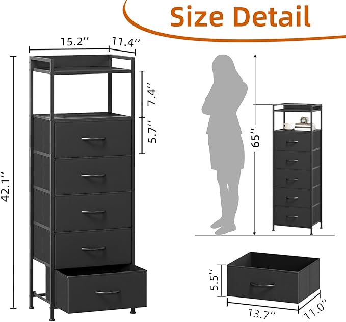 Somdot Tall Night Stand for Bedroom,Tall 5 Drawers Dresser, Vertical Storage Tower Unit, Nightstand Furniture with Fabric Drawer Organizer in Bedside Kids Dorm Room Closet Laundry Entryway,Black