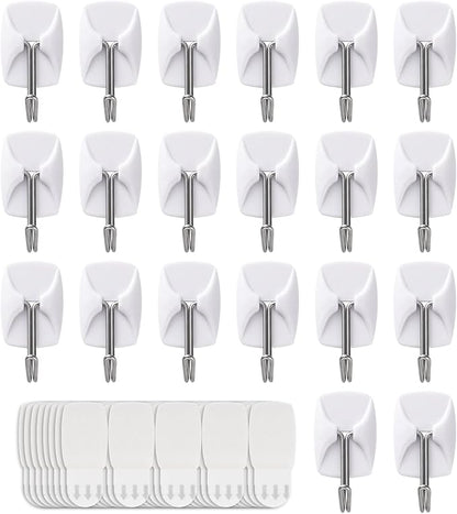20 Small Hooks+40 Removable Strips, White Wire Hanger Hooks, Heavy Duty with Adhesive Strips, Damage-Free Utility Hooks, No Tools Wall Hook for Hanging, Value Pack