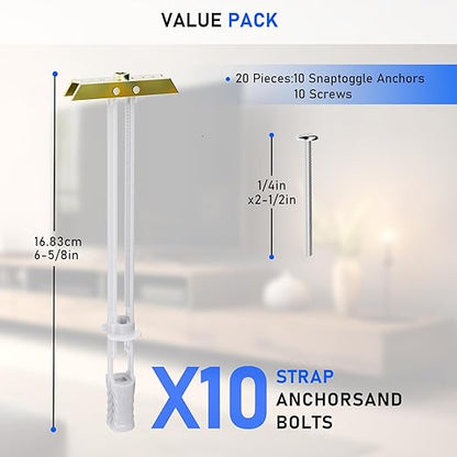 Drywall Anchor with Included Bolts for 1/4”-20, Heavy Duty Hollow Wall Anchors for TV Mounting Kit, Stainless Steel Hollow Wall Anchors Holds up to 270lbs Each in 1/2” Drywall (Pack of 10)