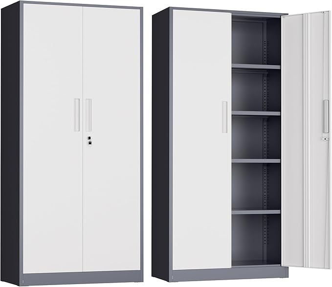 Metal Garage Storage Cabinet, 72” Lockable File Cabinets with 2 Doors and 4 Adjustable Shelves, Steel Tool Cabinets with Lock for Office, Home, Living Room, Grey White