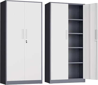 Metal Garage Storage Cabinet, 72” Lockable File Cabinets with 2 Doors and 4 Adjustable Shelves, Steel Tool Cabinets with Lock for Office, Home, Living Room, Grey White