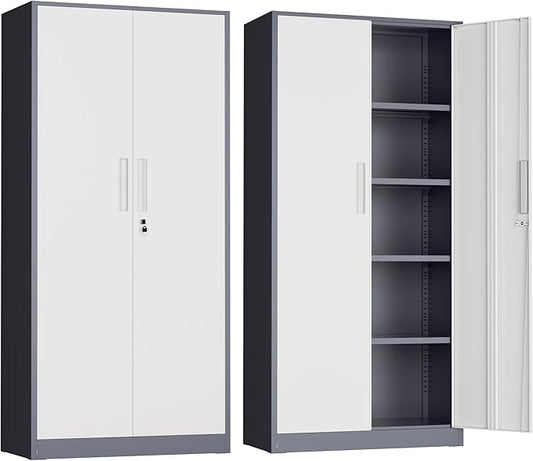 Metal Garage Storage Cabinet, 72” Lockable File Cabinets with 2 Doors and 4 Adjustable Shelves, Steel Tool Cabinets with Lock for Office, Home, Living Room, Grey White