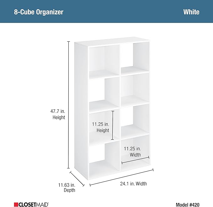 ClosetMaid Cubeicals 8 Cube Storage Shelf Organizer Bookshelf, Stackable, Vertical or Horizontal, Easy Assembly, Wood, White Finish