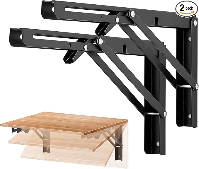 Ravinte 2 Pack 12 Inch Folding Shelf Brackets – Matte Black, Heavy Duty Collapsible Brackets for Tables and Benches – Space-Saving Design
