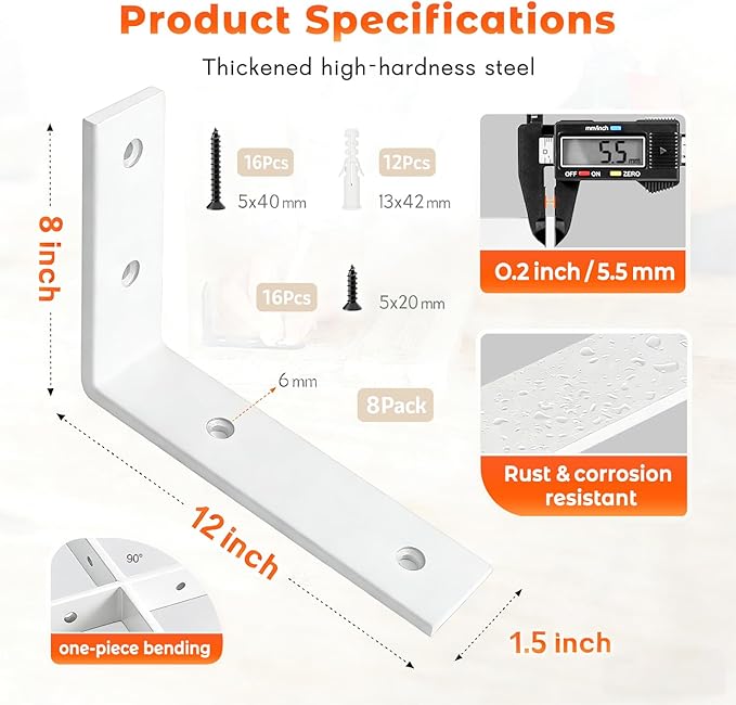 WINKER Shelf Bracket 8 Pack 12" Lx8 Hx1.5 W 5mm Thick Heavy Duty White 12 Inch Metal Iron L Brackets for Wall Shelves