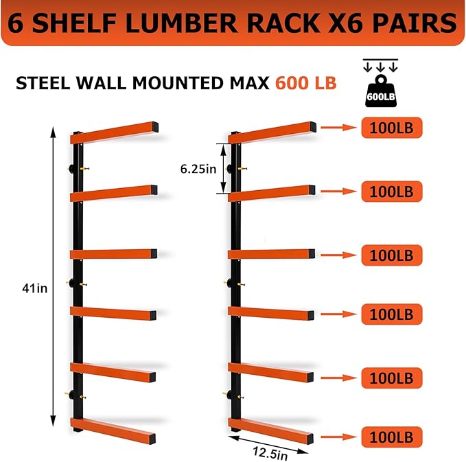 ECOTRIC 6 Pair of 6 Levels Shelf Lumber Rack Lumber Storage Rack Lumber Organizer Wood Organizer Steel Wall Mounted Max 600 Lb