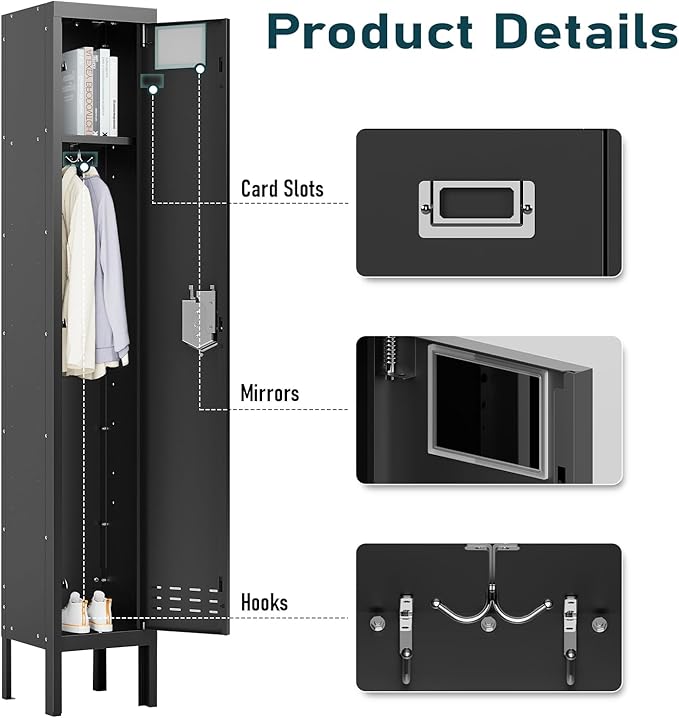 Metal Storage Locker with Lock & Card Slot Locker - Secure Lockable Door - Steel Locker for School, Office, Gym, Home - 66.15" H x 11.8" W x 11.8" D（1 Door, Black）