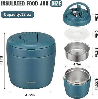 Thermo Food Jar for Hot Food Adults 32OZ Soup Thermo Lunch Containers Wide Mouth Vacuum Insulated Stainless Steel Leakproof Bento Box with Spoon (lake blue)