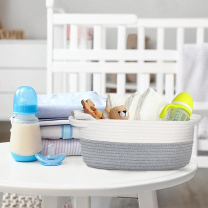 Small Dog Toy Basket, Woven Cotton Rope Storage Box for Cat Dog, Pet Baby Nursery Organizer, Empty Baskets for Gifts, Wicker Basket with Handles, Cute Shelf Bin for Decor, 12"x 8"x 5", Gray