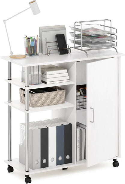 Furinno Helena Multipurpose Storage Cabinet/Shelves,Printer Stand with Lockable Wheels, Stainless Steel Tubes, White Oak/Chrome