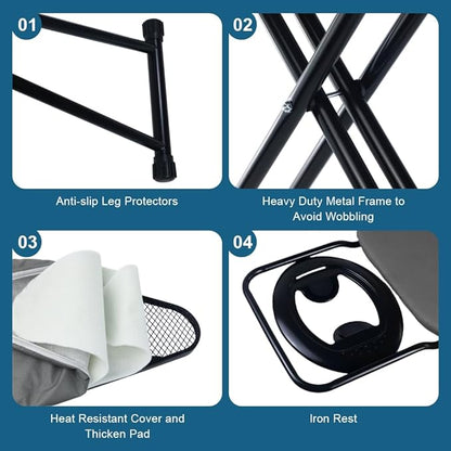 Ironing Board Full Size, Heat Resistant Cover Iron Board with Steam Rest, Ultra Thick Padding, Height Adjustable Heavy Sturdy Metal Frame Legs Ironing Stand,Non-Slip Foldable (54"x13", Round Rest)