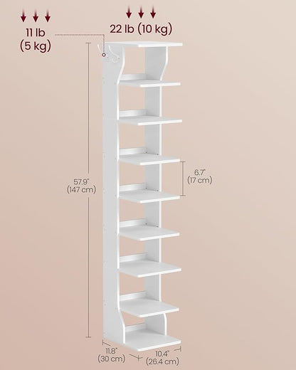 VASAGLE 9-Tier Vertical Shoe Rack, Narrow Shoe Storage Organizer with Hooks, Slim Corner Tower Shelf, Space-Saving for Entryway and Bedroom, White ULBS210WB01