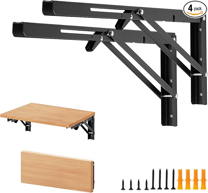 Home Expert 18 Inch Folding Shelf Brackets, 4 Pack (2 Pairs) Heavy Duty Metal Collapsible Wall-Mounted Brackets, Space-Saving DIY Foldable Shelf for Benches and Tables, Matte Black
