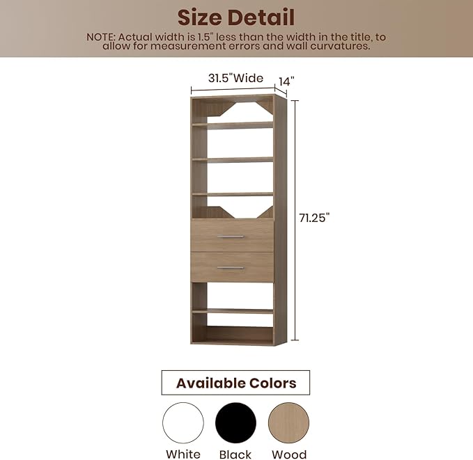 ROOMTEC Modular Closet System, 31.5" 2 Drawer Shelf Closet Tower Wall-Mounted Closet Organizer, Wooden Tower for Walk-In Closets, Wardrobe Storage Kit, Wood