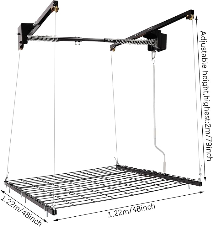 Garage Lifting Storage Rack, 300lbs Adjustable Overhead Garage Storage Rack Heavy-duty 4x4 FT Garages Ceiling Storage Lift Max. Adjustable Height 79in (Satin Black 300Lbs)