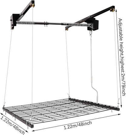 Garage Lifting Storage Rack, 300lbs Adjustable Overhead Garage Storage Rack Heavy-duty 4x4 FT Garages Ceiling Storage Lift Max. Adjustable Height 79in (Satin Black 300Lbs)