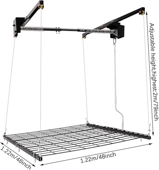 Garage Lifting Storage Rack, 300lbs Adjustable Overhead Garage Storage Rack Heavy-duty 4x4 FT Garages Ceiling Storage Lift Max. Adjustable Height 79in (Satin Black 300Lbs)