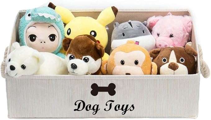 Geyecete Large Dog Toys Storage Bins-Foldable Fabric Trapezoid Organizer Boxes with Weave Rope Handle,Collapsible Basket for Shelves,Dog Apparel(Beige-Dog)