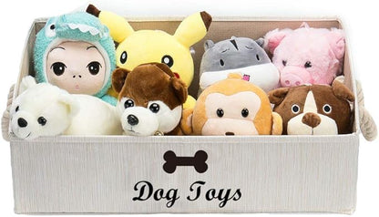Geyecete Large Dog Toys Storage Bins-Foldable Fabric Trapezoid Organizer Boxes with Weave Rope Handle,Collapsible Basket for Shelves,Dog Apparel(Beige-Dog)