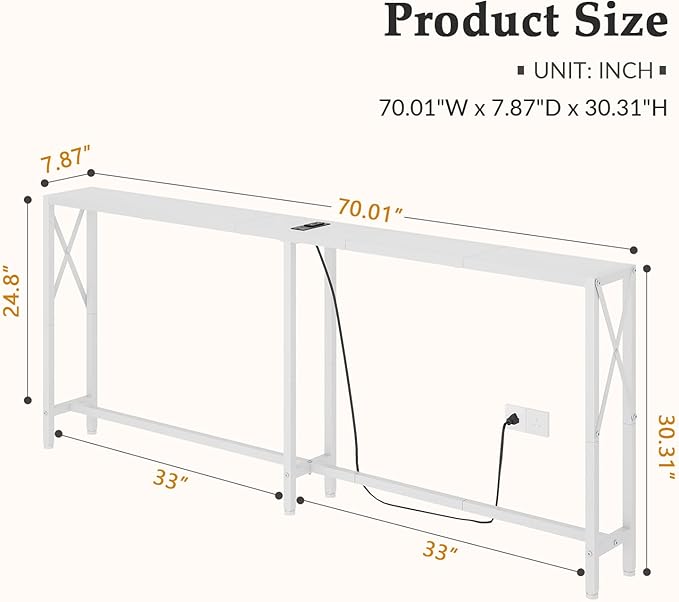 70 in Skinny Sofa Table Behind Couch, Console Table with Oulets & USB Ports for Hallway, Entryway,Living Room, Bedroom, White