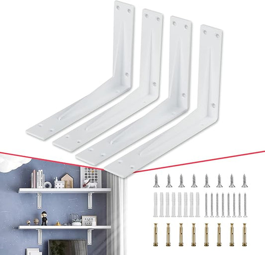 CLT 20” White Shelf Bracket, 1/5" Thick – Heavy Duty Corner Brace, Supports 550 lbs, Industrial Modern Farmhouse Style – Right Angle Bracket for Tables, Benches, DIY Space-Saving Projects (Pack of 4)