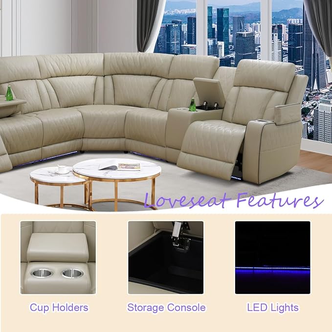 Brown Leather Recliner Sectional Couch with LED, Power Sectional Sofa and Loveseats, Power Recliner Sofa Set for Living Room, L-Shaped Couch Sets, Cup Holders, Hidden Storage for Home/Office