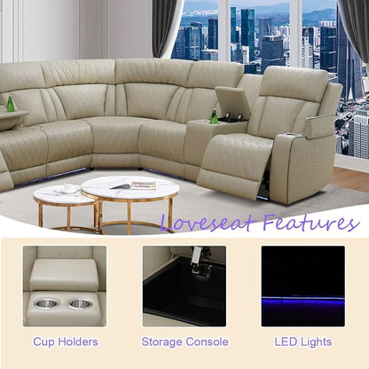Brown Power Reclining Sectional Sofa, Leather Recliner Sectional Sofa, Power Recliner Couch Set With LED, Living Room Furniture Sets Adjustable Chair, Arm Storage & Cup Holders for Home/Office