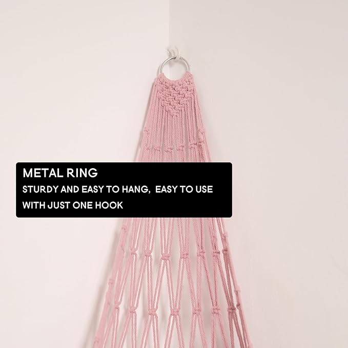Stuffed Animal Hammock Corner Hanging Net for Stuff Animal Storage Macrame Plush Toy Holder-Perfect for Tiny Space Walls-Kid Bedroom Decor Nursery Playroom Organizer (Light Pink XL)