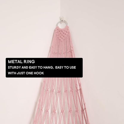 Stuffed Animal Hammock Corner Hanging Net for Stuff Animal Storage Macrame Toy Display Plush Toy Holder-Perfect for Tiny Space Walls-Kid Bedroom Decor Nursery Playroom Organizer (Light Pink)