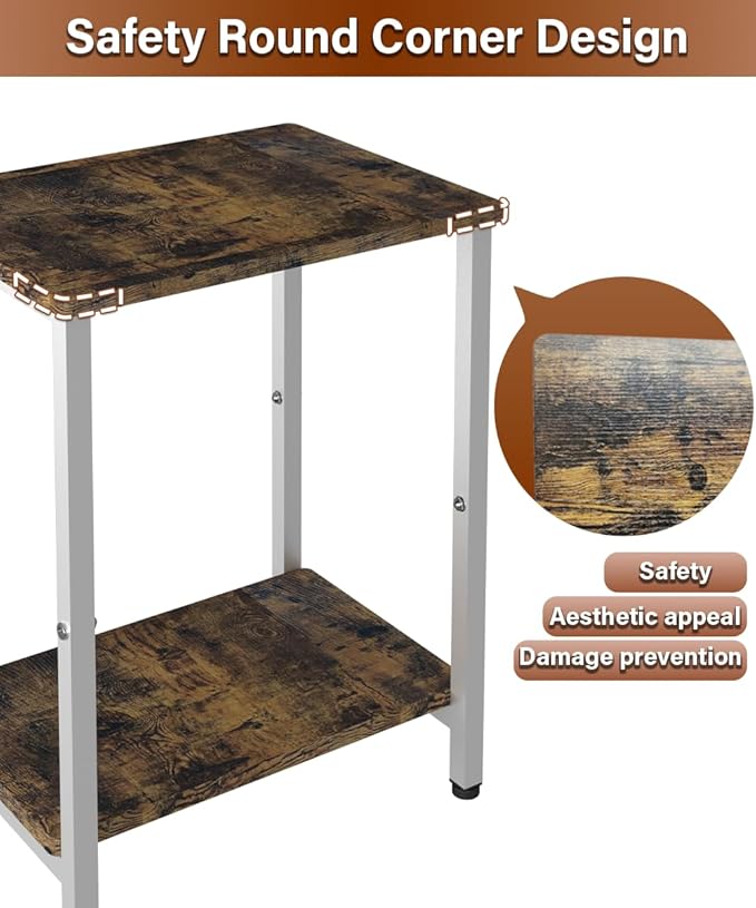 2 Tier Side Table, Heavy Duty End Table with Shelves, Narrow Nightstand Table for Small Spaces, Record Player Table for Bedroom, Living Room, Sofa Couch - Rustic Brown & White