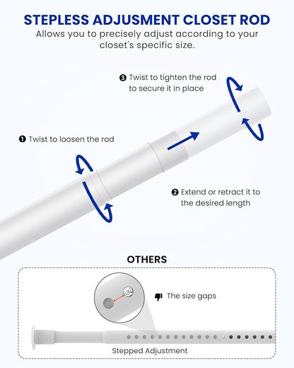 Closet Rods for Hanging Clothes, 17 to 129 Inches Stepless Adjustable Metal Closet Rod, 1.3 Inches Heavy Duty Clothes Hanging Rod for Closet Wardrobes Laundry RV, White