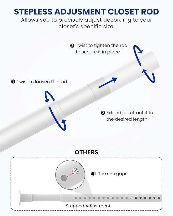 Closet Rods for Hanging Clothes, 17 to 28 Inches Stepless Adjustable Metal Closet Rod, 1.3 Inches Heavy Duty Clothes Hanging Rod for Closet Wardrobes Laundry RV, White